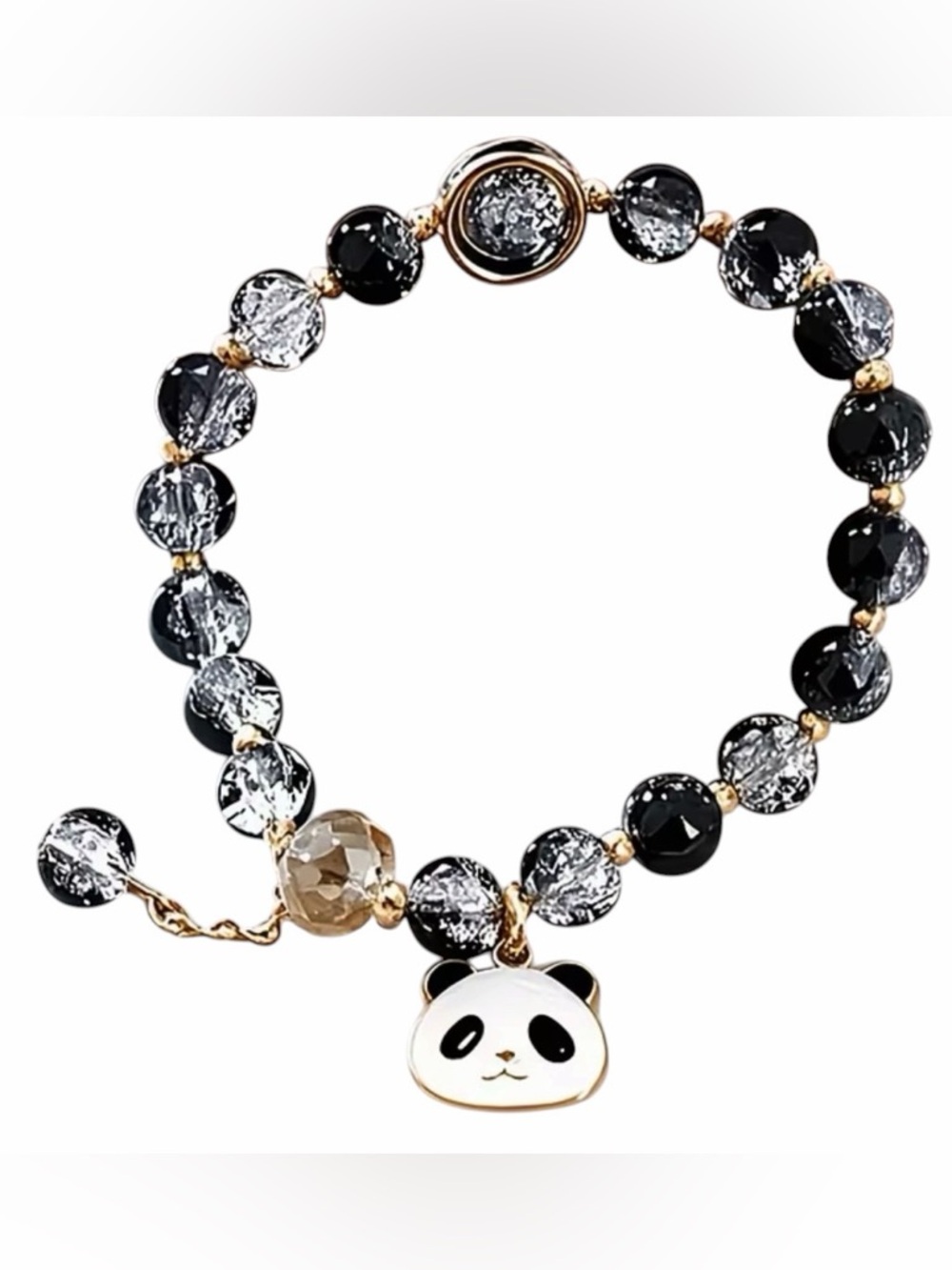 Bracelet OS Panda Charm Glass Stretch Beaded Black & Clear
